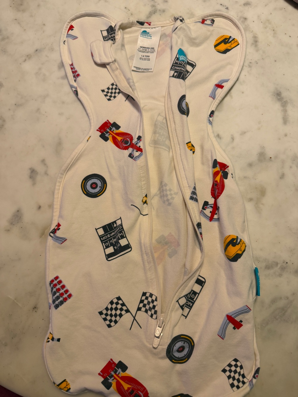 Love to Dream White Sleeveless Zip Sleep Sack with Red Racing Car Print